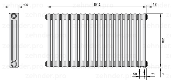 Схема (чертеж) Радиатор Zehnder Charleston 3075/22 №5510 Белый глянцевый RAL 9016
